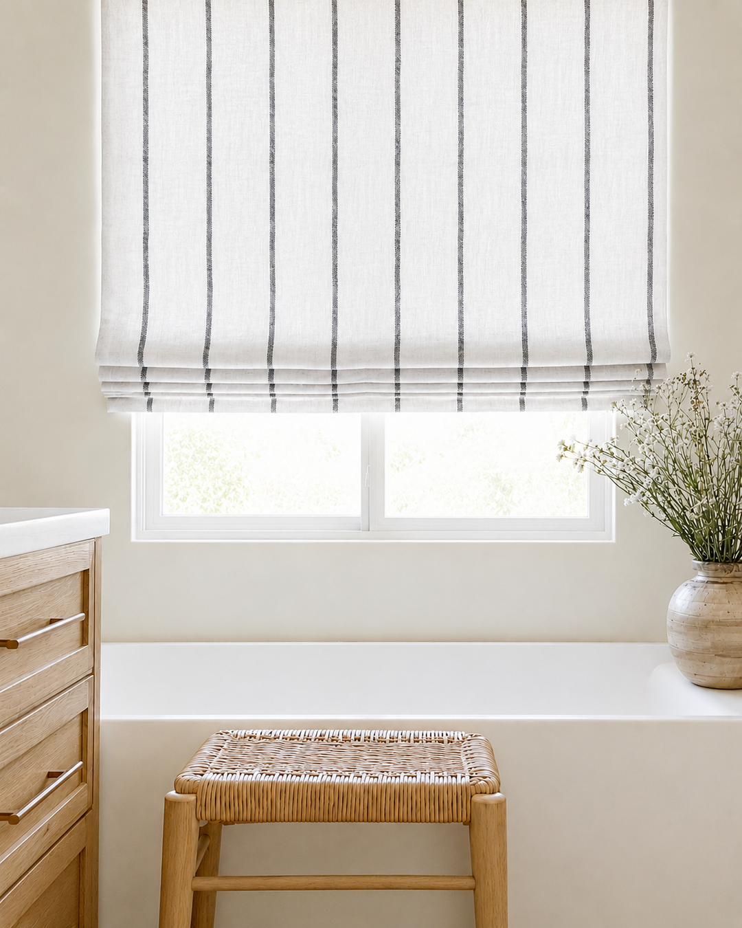 A light beige or off-white Roman shade with thin vertical dark gray stripes, styled in a bright, modern room above a white windowsill with a wooden stool and a vase of dried flowers.