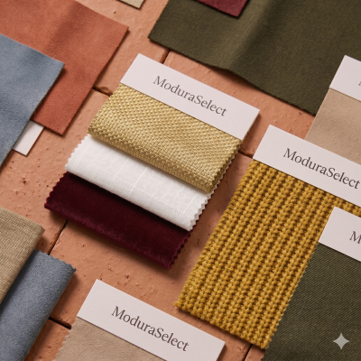 Color swatches with 'ModuraSelect' labels on a wooden surface